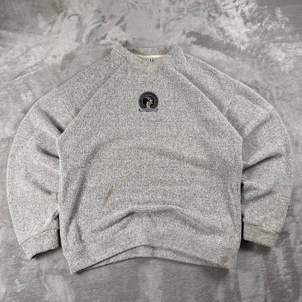 Vintage 90s E.M.I. Rocky Mountain Elk Foundation Sweater Mens L Gray Made USA